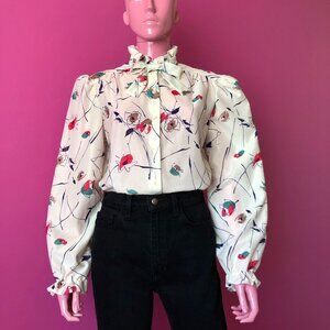 Vintage 70s M/L PussyBow Blouse Cream Floral Long Puff Sleeves Ruffle Collar Top